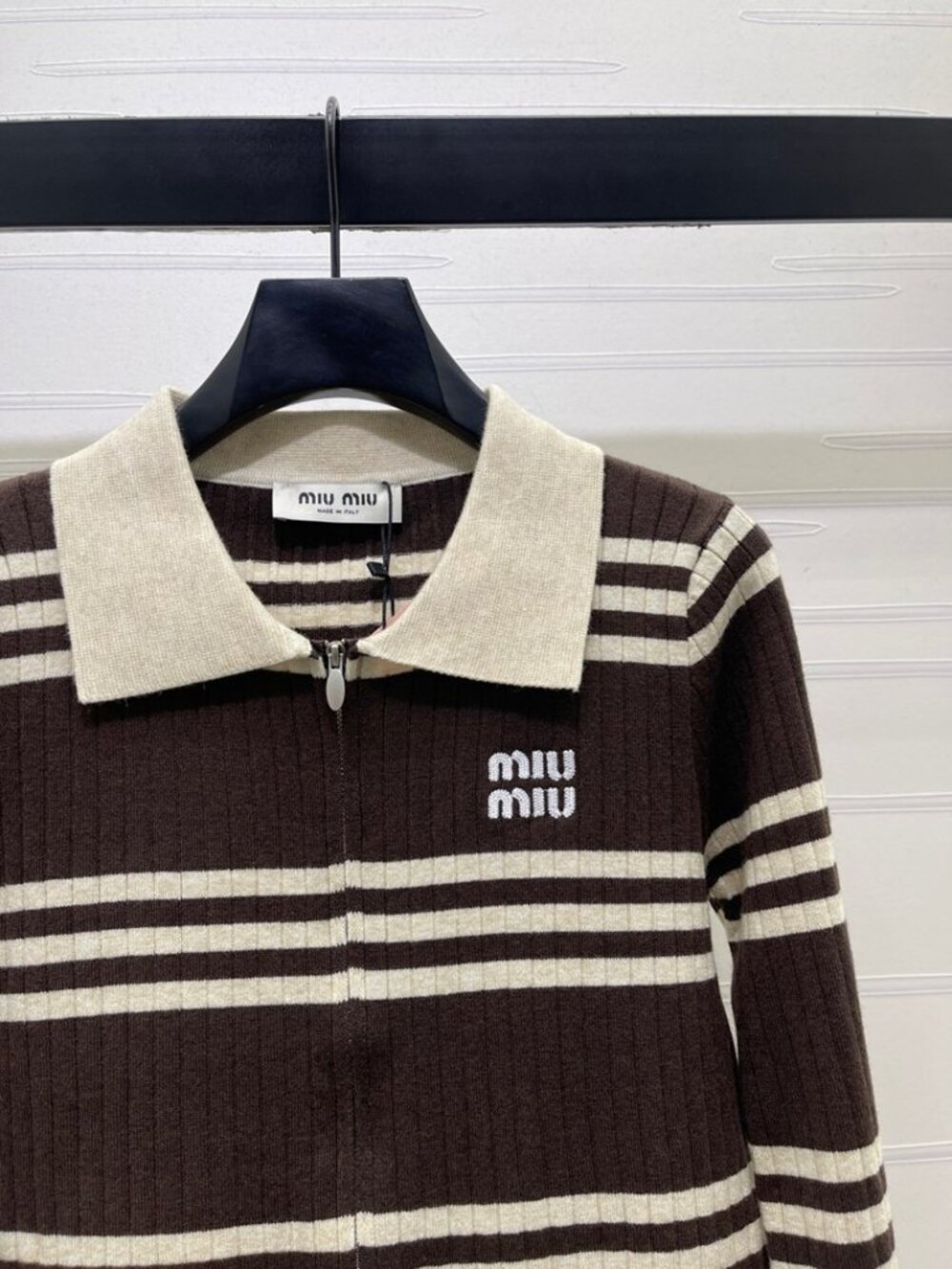 Miu Miu Brown Off‑White Stripe Zip‑Up Collared Knit Sweater - Picture 4 of 8